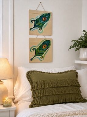 Two peacock art on square wood